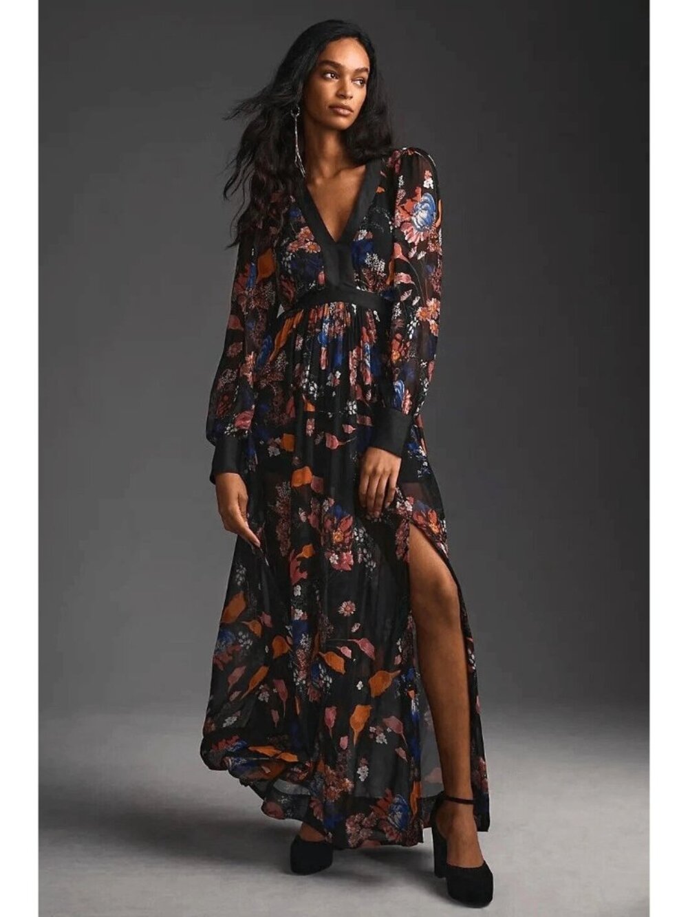 EUC Anthropologie Maeve Deep-V Printed Midi  Dress open back  boho whimsy 4 READ